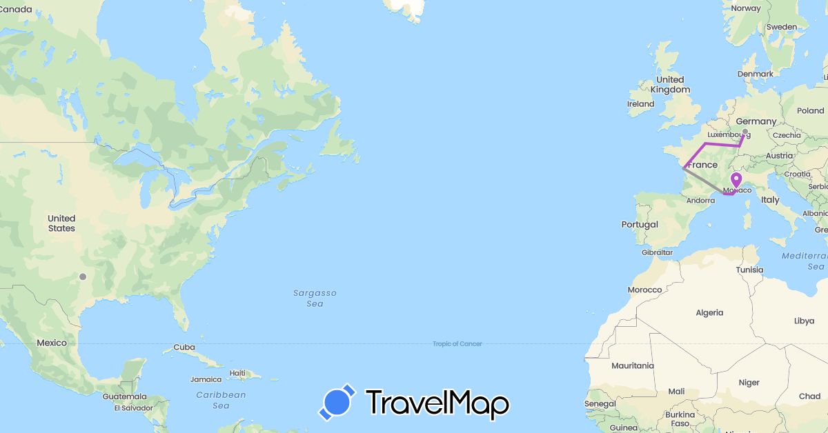 TravelMap itinerary: driving, plane, train in Germany, France, United States (Europe, North America)