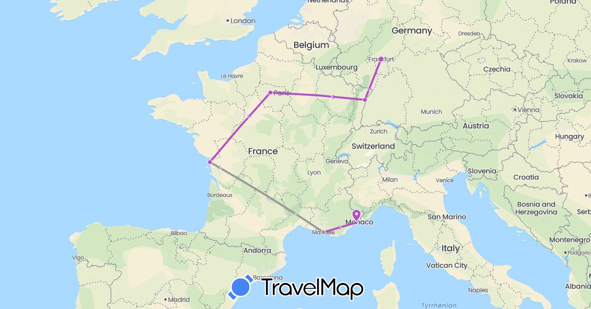 TravelMap itinerary: driving, plane, train in Germany, France (Europe)